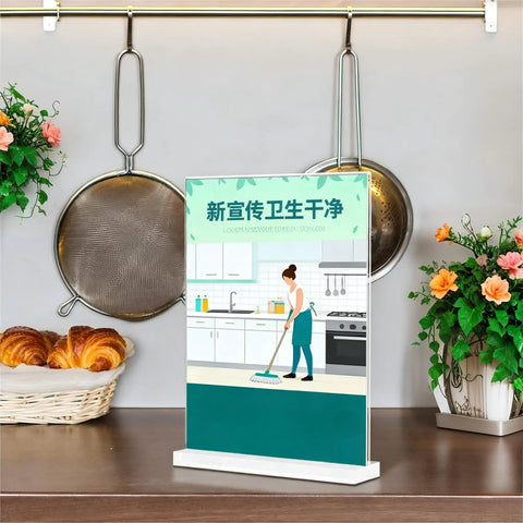 Clear Acrylic Sign Holder 4x6 Inches Three Pack T Shape Desktop Display Stand Double Sided Vertical Table Sign Holder showcasing a kitchen cleaning illustration.