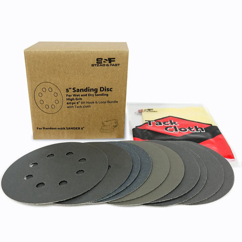 5 Inch Wet Dry Sanding Discs Hook And Loop 60 Pcs Silicon Carbide Grit 400 600 800 1000 1500 2000 For Automotive Wood Metal With Tack Cloth Orbital Sander Sandpaper Kit displayed with box and tack cloth
