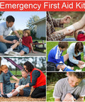 Emergency First Aid Kit collage showing outdoor bandaging and first aid use in travel and sports.