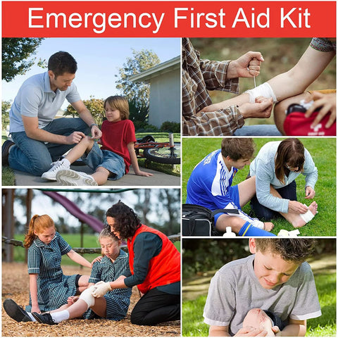 Emergency First Aid Kit collage showing outdoor bandaging and first aid use in travel and sports.