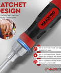 Close-up of MaxoPro ratcheting screwdriver handle showcasing ergonomic design for a firm grip. Features clockwise and counterclockwise modes.