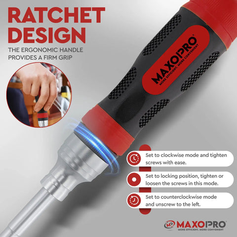 Close-up of MaxoPro ratcheting screwdriver handle showcasing ergonomic design for a firm grip. Features clockwise and counterclockwise modes.