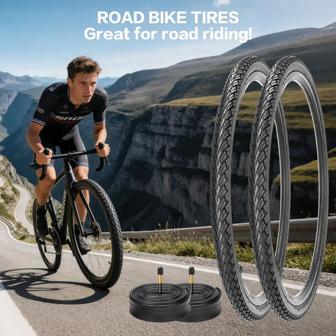 Cyclist with Two Pack 700x35C Foldable Road Bike Tires With Inner Tubes, Repair Kit, Rim Strips And Tire Levers Schrader Valve