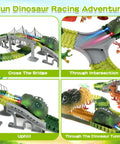 Collage of Ultimate Dinosaur World Race Track Set with bridge, intersection, uphill and tunnel views showing LED dino car track.