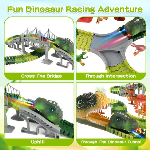 Collage of Ultimate Dinosaur World Race Track Set with bridge, intersection, uphill and tunnel views showing LED dino car track.