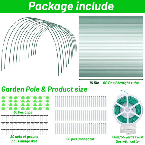 DIY Greenhouse Hoops Kit package contents with 16.5in hoops, connectors, clips, and twist ties highlighted.