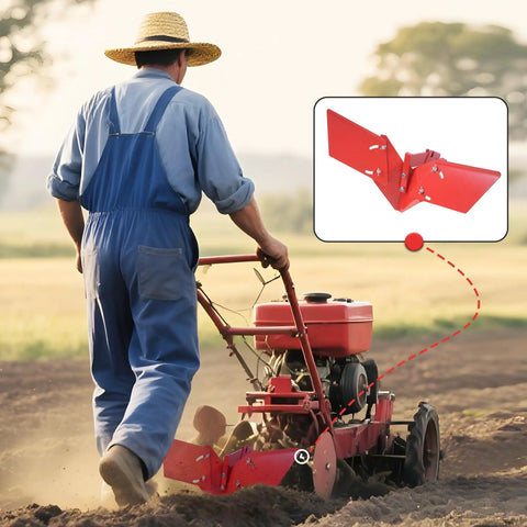Farmer using a red rear tine tiller with Hiller Furrower Kit For Rear Tine Tiller With Adjustable Wing Fit For Land Reclamation attachment.