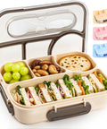 Workhorse Four Compartment Bento Box for Adults, 1000ml Capacity, with food samples, khaki color, shown open with lid