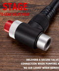 Close-up of anti-leak valve head on High Pressure Shock Pump For Mountain, Road Bikes And Motorcycles With Gauge, 300 Psi Capacity