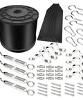 Outdoor Globe String Lights Hanging Kit with 164ft Black Vinyl Coated 304 Stainless Steel Cable and accessories displayed