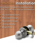 Heavy Duty Passage Door Knob With Easy Install Reversible For Bedroom Bathroom And Closets Satin Stainless Finish No Locking Interior Door Hardware ANSI Grade Three One Pack shown with installation features