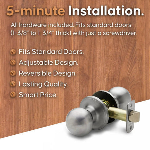 Heavy Duty Passage Door Knob With Easy Install Reversible For Bedroom Bathroom And Closets Satin Stainless Finish No Locking Interior Door Hardware ANSI Grade Three One Pack shown with installation features