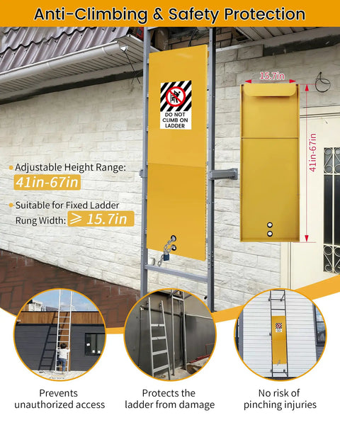 No Climb Fixed Ladder Safety Guard For Roof And Tower Ladders 16 Inch And Wider with warning signs and locking device visible