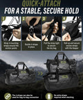 Steps for attaching Waterproof Motorcycle Dry Bag 60L with Roll Top Closure and four quick release straps, black duffel shown.