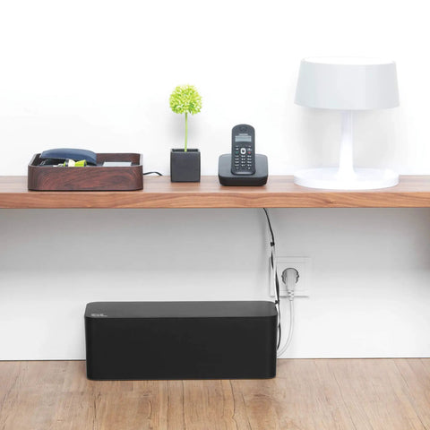 Desk And TV Cable Box for Cord Management under desk, concealing cables, black flame retardant plastic fits wide surge protectors