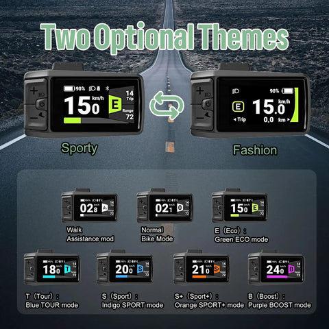 Can Protocol E Bike Display DPC080 1.9 Inch TFT Screen showing two themes, sporty and fashion, with various riding modes.