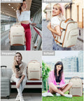 40L Travel Backpack For Men And Women shown in four uses: airport carry-on, weekend trip, daypack, and school setting, beige-brown color.
