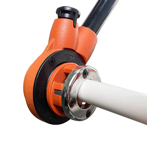 Ratcheting Pipe Threader Kit With Four Dies For Half Inch Three Quarter Inch One Inch And One Quarter Inch Pipe Threading in use