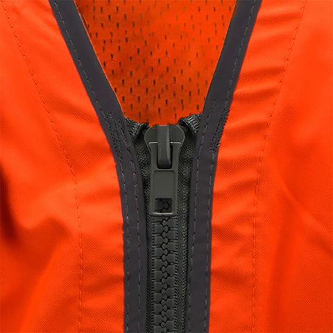 Close-up zipper detail on Heavy Duty Hi Vis Safety Vest For Field Pros Class 2 ANSI 107-2020 Two Tone Orange With Padded Neck Support.