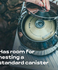 Open Fire Camping Kettle 1.2L Lightweight Stainless Steel Tea Pot showing nested canister, for bushcraft and outdoor campfires.