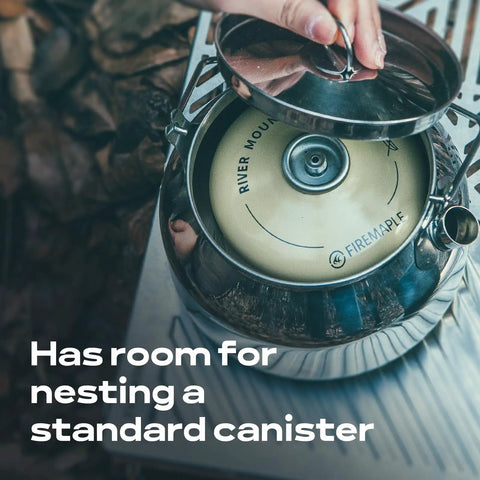 Open Fire Camping Kettle 1.2L Lightweight Stainless Steel Tea Pot showing nested canister, for bushcraft and outdoor campfires.