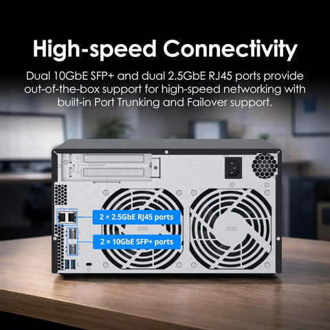 Beefy Eight Bay Nas Server With Snappy Quad Core Processor And Four Gigs Of Memory Expanding To Sixteen Gb Wired With Dual Ten Gigabit Ethernet Ports, showing dual 10GbE and 2.5GbE ports.