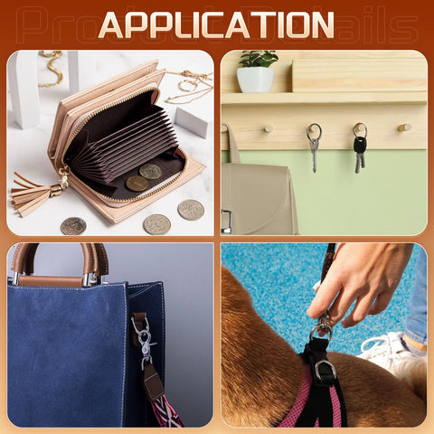 Six 25mm swivel snap hooks in silver zinc alloy; shown on wallet, key rack, bag, and dog leash.