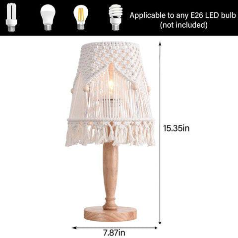 Boho Cotton Rope Bedside Lamp With Handmade Bohemian Shade, Wooden Base Nightstand Light, 15.35 in tall x 7.87 in dia