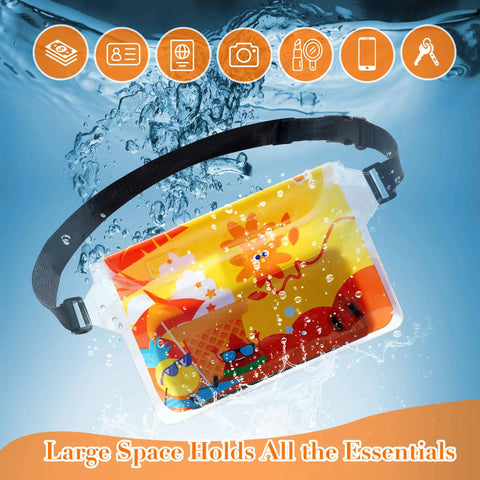 Four Pack Waterproof Fanny Pack Set With Adjustable Waist Straps And Dry Pouches, IP68 Waterproof Seal shown underwater