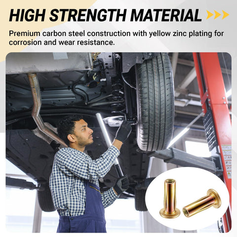 Mechanic using 100 Pcs 1/4-20 Rivet Nuts Multi Grip Threaded Insert Nut Kit Zinc Plated Steel Flat Head Nutserts for auto body repair.