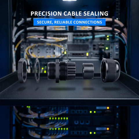 4 Port PG25 Pre-Terminated Cable Gland IP68 Waterproof Pass-Through For Enclosures No-Fuss Install No Cutting Handles Up To Four Low-Voltage Cables Weatherproof Sealing Industrial Grade Cable Gland exploded view in network cabinet