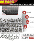 600 Piece 22 Size Single Ear Crimp Hose Clamp Kit For Auto Projects And Home DIY, 304 Stainless Steel Pinch Clamps shown in case