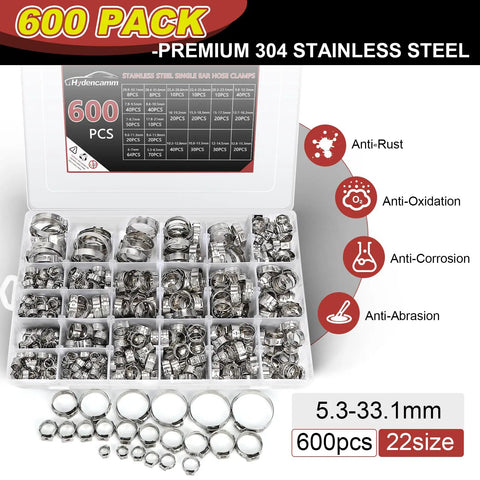 600 Piece 22 Size Single Ear Crimp Hose Clamp Kit For Auto Projects And Home DIY, 304 Stainless Steel Pinch Clamps shown in case