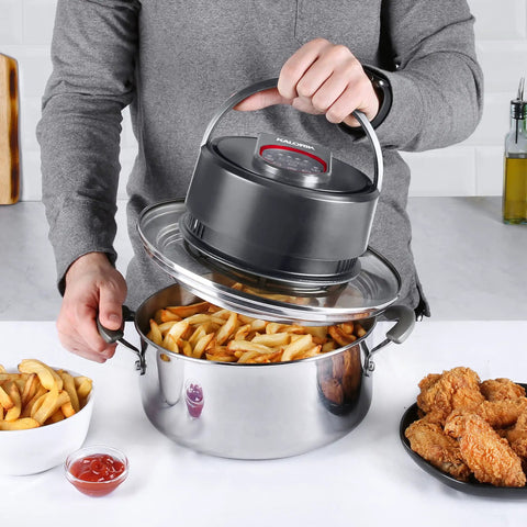 Person using Digital Universal Air Fryer Lid Turns Any 6, 8, And 10 Quart Pot, Pan, Or Pressure Cooker Into An On Demand Air Fryer
