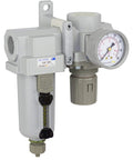 Three Quarter Inch NPT Compressed Air Filter Regulator Combo with Metal Bowl, Manual Drain, Gauge, 10 Micron Element, Side View