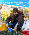 Father and kids gardening with blue 16 Inch Beach Sand Shovel Toy For Kids, Jumbo Garden Scoop Tool Kit, in green backyard
