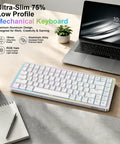 Low-Profile 75 Mechanical Keyboard With Aluminum Frame And Hot-Swappable Switches Features Shine-Through PBT Keycaps With Punchy RGB And Snappy Bluetooth And 2.4G And USB C For Linkups A Dope Pick For Gaming Work Or Play On Mac Or Windows System on a desk next to a laptop.