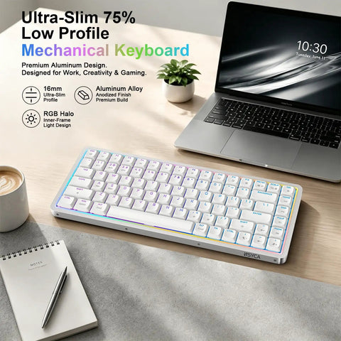 Low-Profile 75 Mechanical Keyboard With Aluminum Frame And Hot-Swappable Switches Features Shine-Through PBT Keycaps With Punchy RGB And Snappy Bluetooth And 2.4G And USB C For Linkups A Dope Pick For Gaming Work Or Play On Mac Or Windows System on a desk next to a laptop.
