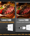 Comparison of 60 LED Portable Photo Lighting Kit with Adapter showing higher brightness at 1400 lumens vs 1000 lumens