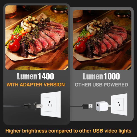Comparison of 60 LED Portable Photo Lighting Kit with Adapter showing higher brightness at 1400 lumens vs 1000 lumens