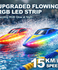 2-Pack RC Boats For Pool And Lake Fun With 2 Controllers, 2.4GHz Remote, 7-Mode LED Lights, 15 KPH Top Speed, Waterproof Hull racing in water.