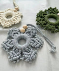 Macrame Kit 93 Pieces With Sticks Rings And Beads For Wall Hangings And Plant Hangers The Dope Starter Kit For DIY Crafters Knitting Unfinished Wood Beads And Rings Set For Creative Home Decor shown with completed macrame circles in beige, green, and gray.