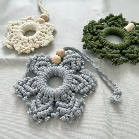 Macrame Kit 93 Pieces With Sticks Rings And Beads For Wall Hangings And Plant Hangers The Dope Starter Kit For DIY Crafters Knitting Unfinished Wood Beads And Rings Set For Creative Home Decor shown with completed macrame circles in beige, green, and gray.