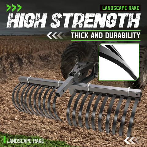 Heavy Duty ATV UTV Landscape Rake Implement For Rock Removal Grass Clumps And Debris Prep with adjustable teeth in field