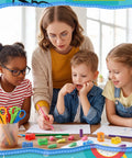Teacher and kids using Back To School Essentials Kit 360 Pcs For Kids Featuring Pencil Top Erasers, Student Scissors, And Miniature Pencil Sharpeners With Covers For Classroom, Office, And Art Projects, Ideal Donation And Classroom Supply Bundle