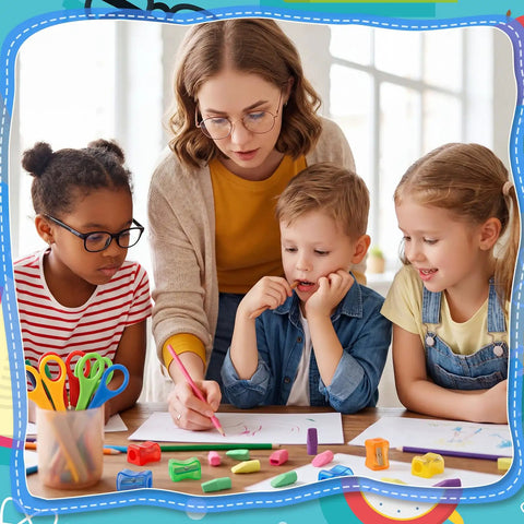 Teacher and kids using Back To School Essentials Kit 360 Pcs For Kids Featuring Pencil Top Erasers, Student Scissors, And Miniature Pencil Sharpeners With Covers For Classroom, Office, And Art Projects, Ideal Donation And Classroom Supply Bundle