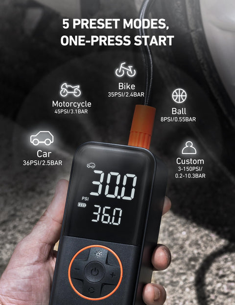 L4 Tire Inflator Portable Air Compressor 150 PSI On The Go With Pressure Gauge And LED Light Quick Inflation For Cars Motorcycles Bikes Tires And Balls