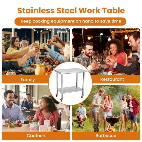 Mobile 30 By 24 Inch NSF Stainless Steel Workbench With Four Wheels And Hooks, Adjustable Height, in various settings
