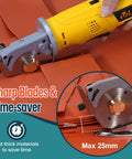 VlOXO Electric Rotary Fabric Cutter With Lightning Fast 2000Rpm Blade cutting through layered orange material with sharp rotary blade.