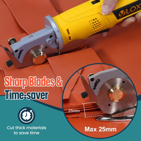 VlOXO Electric Rotary Fabric Cutter With Lightning Fast 2000Rpm Blade cutting through layered orange material with sharp rotary blade.